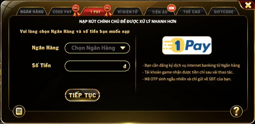 Nạp tiền Hit Club bằng cổng 1pay