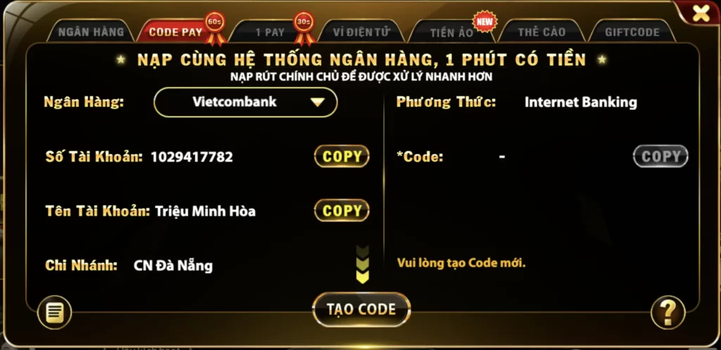 Nạp tiền Hit Club bằng hệ thống codepay