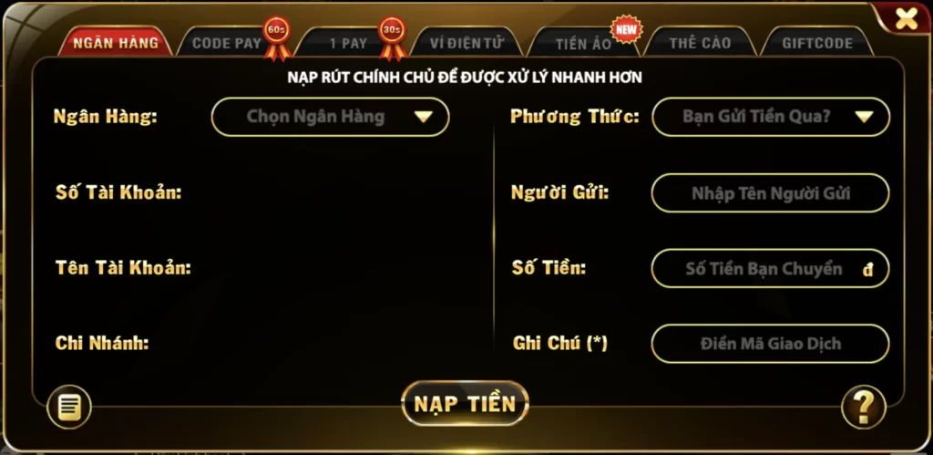 Nạp tiền Hit Club qua ngân hàng