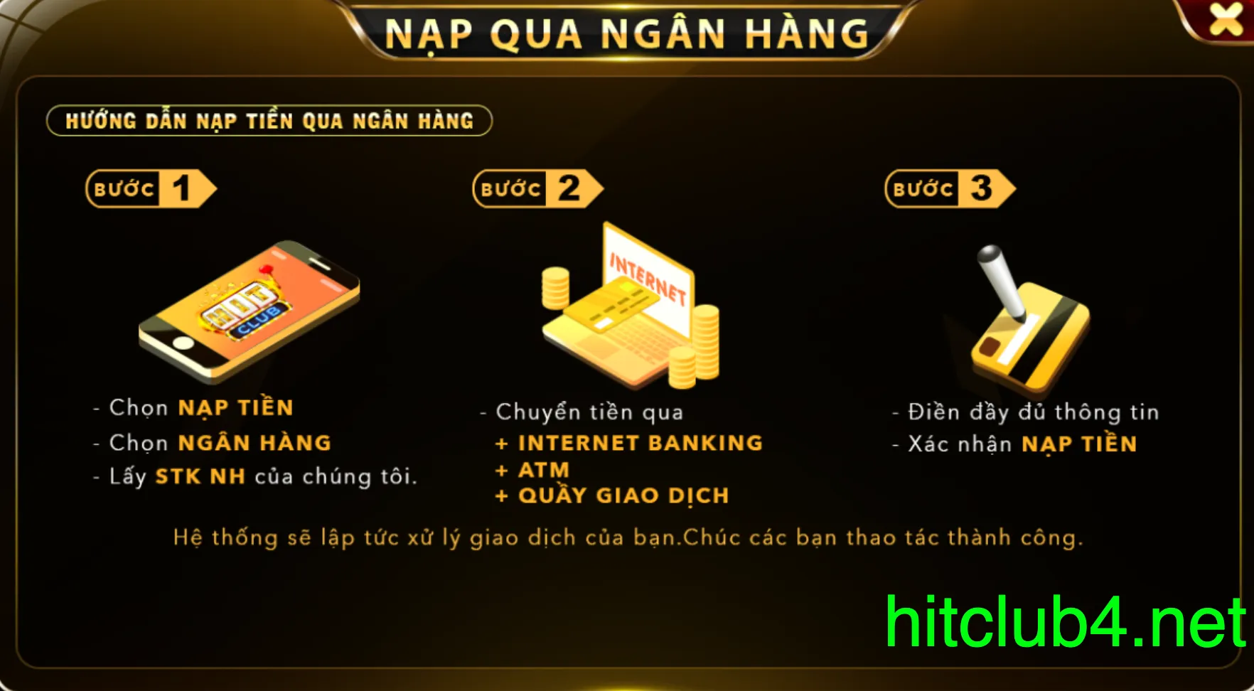 Hướng dẫn nạp tiền Hit Club qua ngân hàng đơn giản