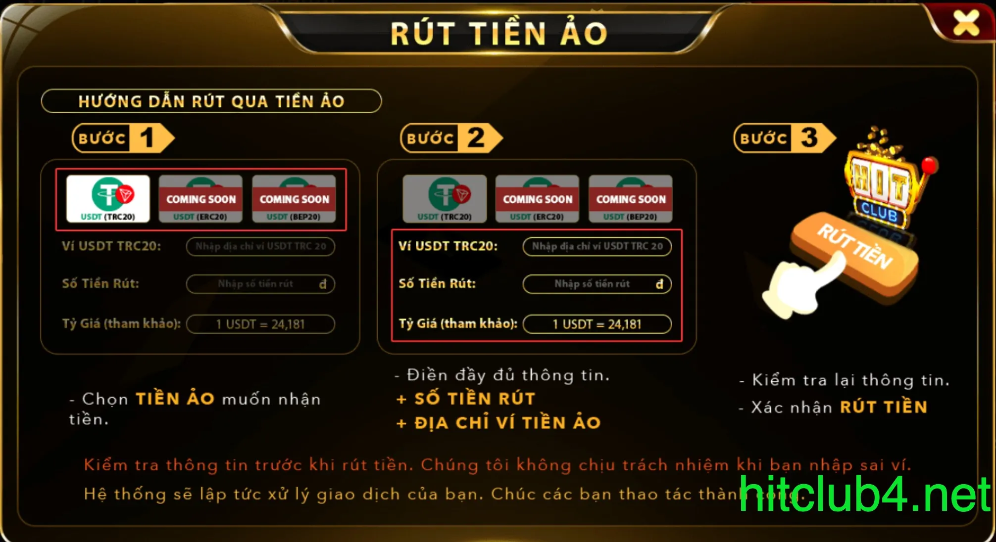 Rút tiền về tiền ảo tại Hit Club